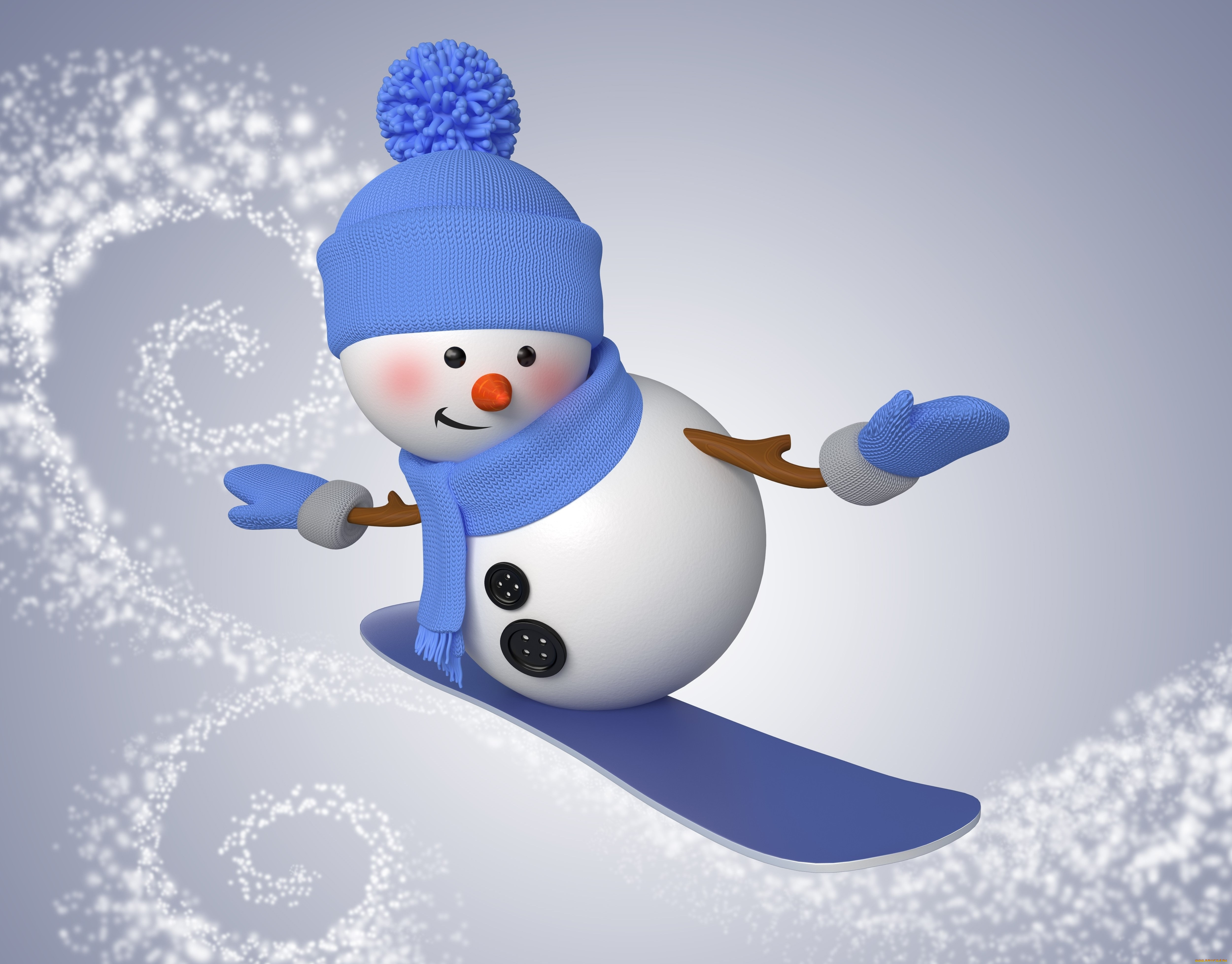 Обои Праздничные 3Д Графика (Новый год), обои для рабочего стола,  фотографии праздничные, 3д графика , новый год, snowman, cute, christmas,  new, year, снеговик, сноуборд, зима, снег Обои для рабочего стола, скачать  обои